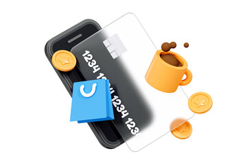 3D Online shopping via phone with credit card. Online payment concept. Floating shopping bag and coffee cup. Cashback for purchase. Cartoon design icon isolated on background. 3D Rendering