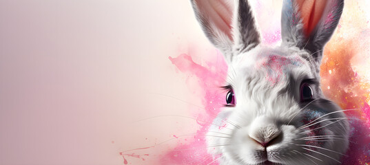 banner of rabbit with cosmetics powder. Cosmetics Animal Testing Concept