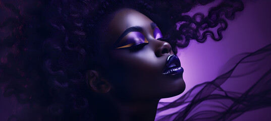 banner of black skin woman with purple make up