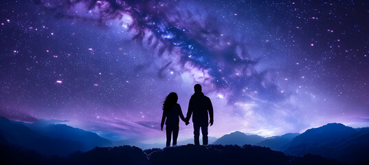 Milky way with silhouette of young couple - obrazy, fototapety, plakaty