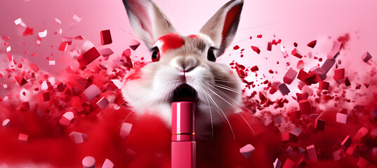 banner of rabbit with lipstick background. Cosmetics Animal Testing Concept