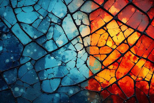 Orange and teal metal, wooden surface covered in rust or old flaking textured paintwork, old aged pattern background