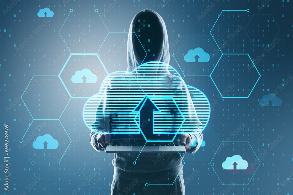 Poster Hacker using laptop with glowing hexagonal cloud computing hologram with binary coding on blurry backdrop. Safety, hacking, malware and internet concept. Double exposure.