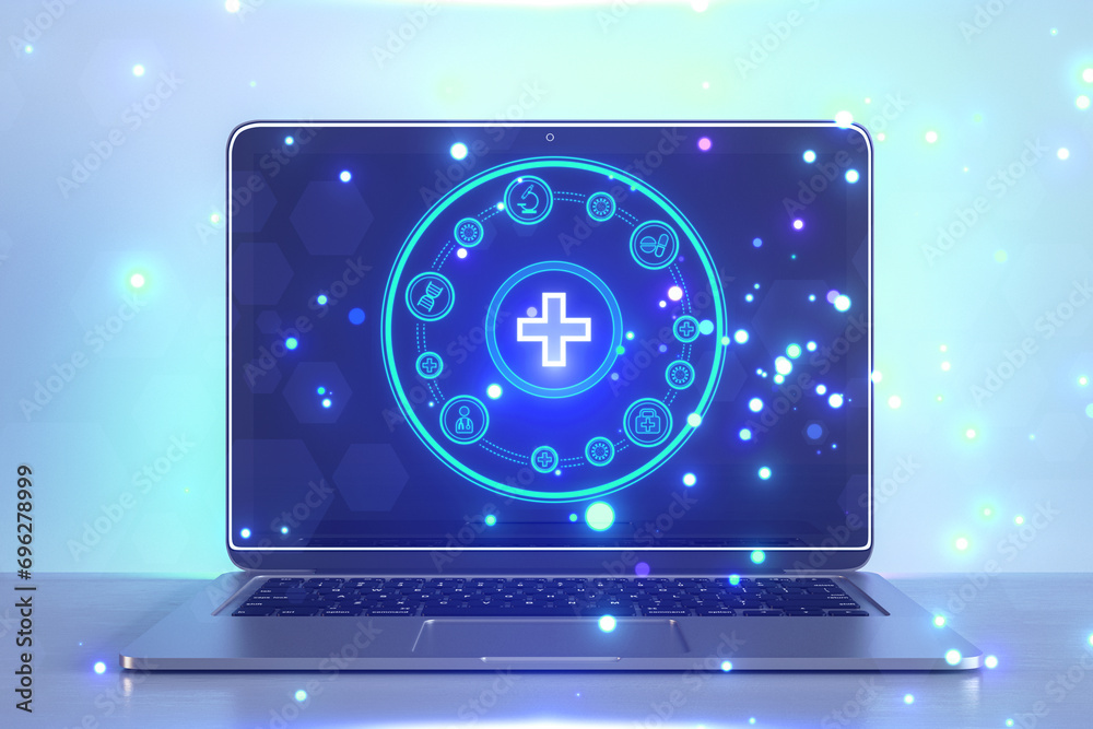 Poster close up of laptop with creative round medical interface with cross and other icons on blue backgrou