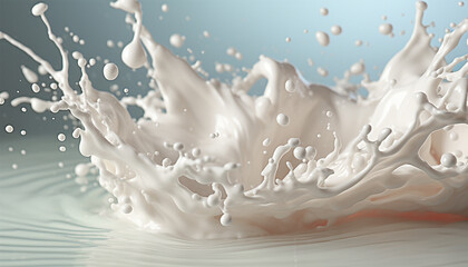 Milk splash isolated on blue grey background. Natural dairy product, yogurt or cream in crown splash with flying drops. Realistic illustration close up, Copy space