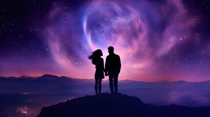 Milky way with silhouette of young couple