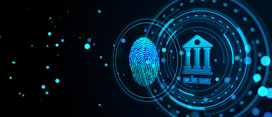 Creative banking hologram in blue circle on dark wide background with fingerprint. Finance, online bank and digital money concept. 3D Rendering.
