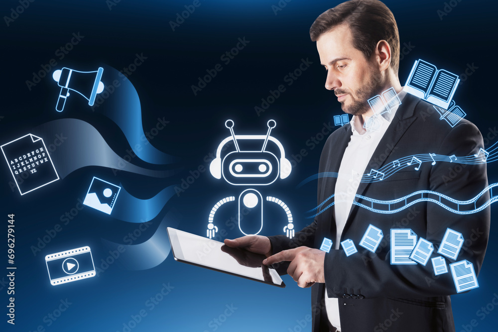 Poster attractive young caucasian businessman using tablet with creative robot hologram on blue background.