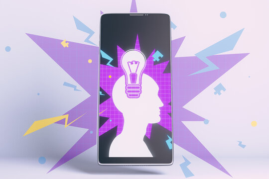 Close up of smartphone with creative digital head with puzzle on light background. Idea and solution concept. 3D Rendering.