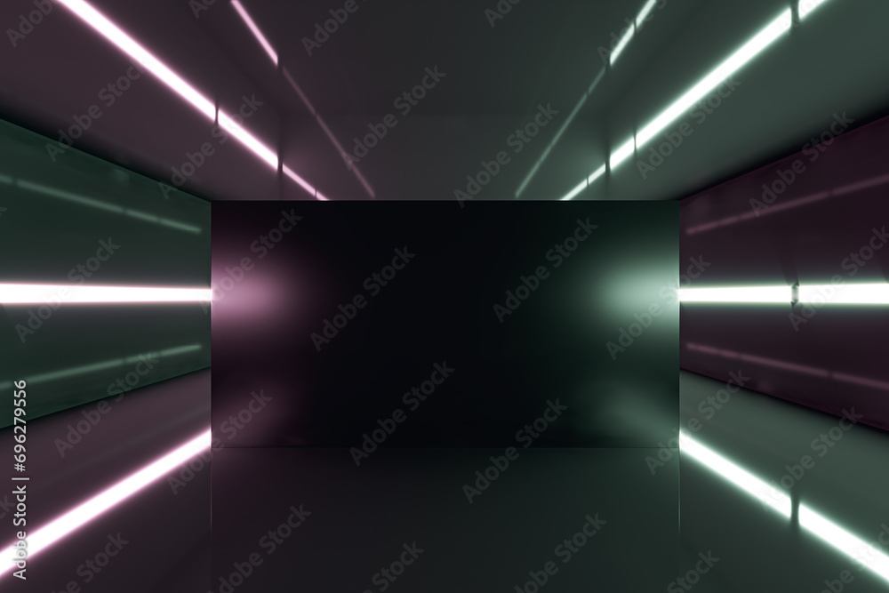 Poster Abstract dark futuristic room with empty mock up place on wall and lights. Tunnel concept. 3D Rendering.
