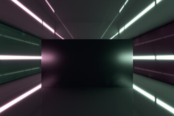 Abstract dark futuristic room with empty mock up place on wall and lights. Tunnel concept. 3D Rendering.