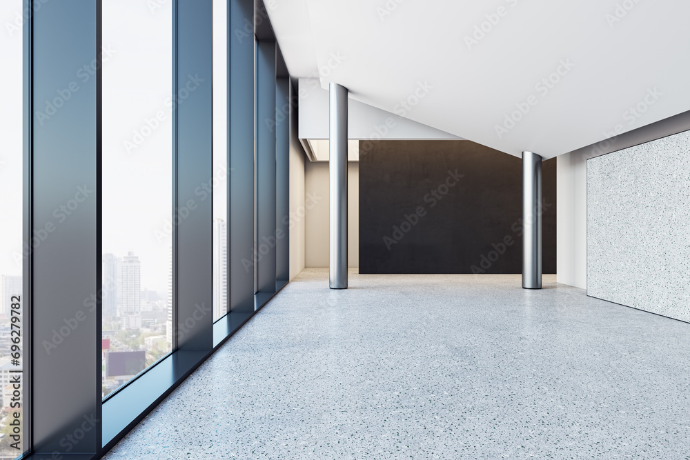 Poster new hallway interior with window and city view, columns, blank mock up place and daylight. 3d render