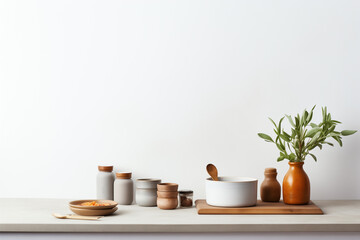 Fototapeta premium Minimalistic home decor with wooden shelves, olive tree