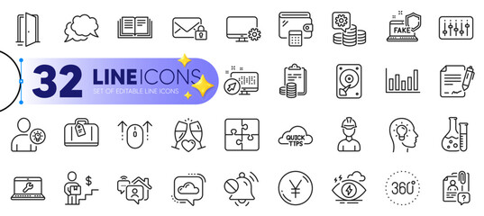 Outline set of Web system, Puzzle and Search employee line icons for web with Yen money, Open door, Chemistry lab thin icon. Swipe up, Monitor settings, Column chart pictogram icon. Vector