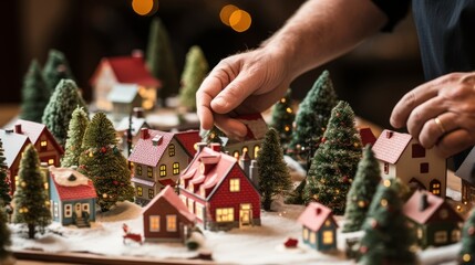 A man is arranging miniature houses and trees, creating a festive holiday village scene with lights Housing project plan model
