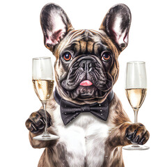 French bulldog drinking champagne isolated on transparent