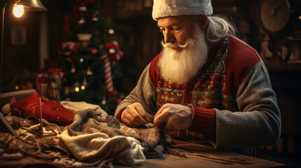 Santa Claus sewing clothes on a table with Christmas tree behind