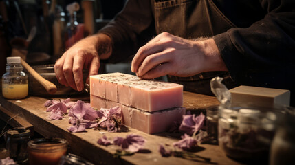 Man is crafting handmade soap bars adorned with dried flowers on a wooden table Profitable Side hustle - obrazy, fototapety, plakaty
