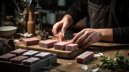 Man is handcrafting soap bars, shaving off edges to smooth them on a wooden table Profitable Side hustle