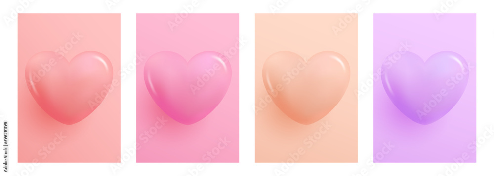 Poster 3d glossy hearts. Set of soft color gradient backgrounds with 3d heart shapes for wedding invitations and Happy Valentine's Day holiday greetings. Love symbol collection. Vector illustration.