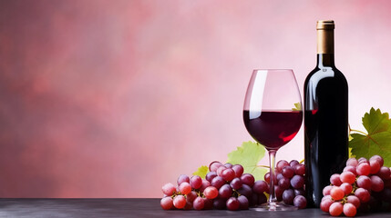 Obraz premium copy space, stockphoto, National Wine Day greeting card, grapes fruit with a glass of wine and a bottle. Glass filles with wine, some grapes and a winebottle.