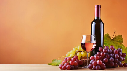 Obraz premium copy space, stockphoto, National Wine Day greeting card, grapes fruit with a glass of wine and a bottle. Glass filles with wine, some grapes and a winebottle.