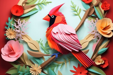Fototapeta na wymiar Crafted paper art bird,with vivid tones, stylized paper flowers and leaves on light turquoise background.National Bird Day. For greeting card, website scontent for arts,crafts workshops.