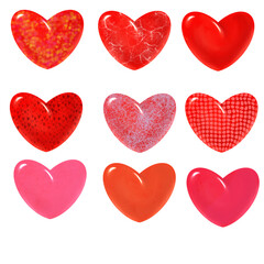 Set of isolated texture hearts. Volumetric, different colors, glossy, shiny, 3D effect, red, pink,...