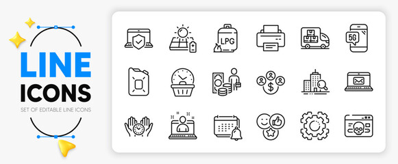 Laptop insurance, Last minute and Seo gear line icons set for app include Canister oil, Inspect, Delivery truck outline thin icon. E-mail, Cyber attack, Buying currency pictogram icon. Vector