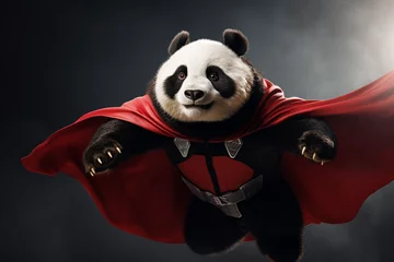 Foto op Plexiglas Portrait of a superhero panda wearing a red cape, jumping like a superhero  © Salawati
