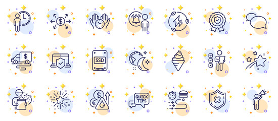Outline set of Messenger, Cash transit and Ssd line icons for web app. Include Delivery man, Insurance medal, Twinkle star pictogram icons. Dollar exchange, Falling star, Food delivery signs. Vector