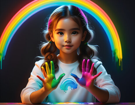 Kind malt Regenbogen. Farbe auf den Händen. Generative AI