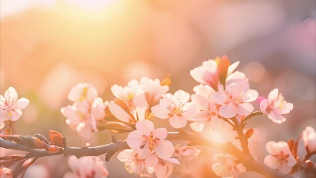 Cherry blossom petals flattering in soft breeze against blue sky. Sun rising up view. Conceptual fantasy scene of realistic Sakura floral pattern. Multicolored nature. Slow motion. spring