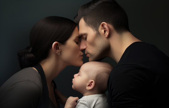 couple kissing each other and their baby