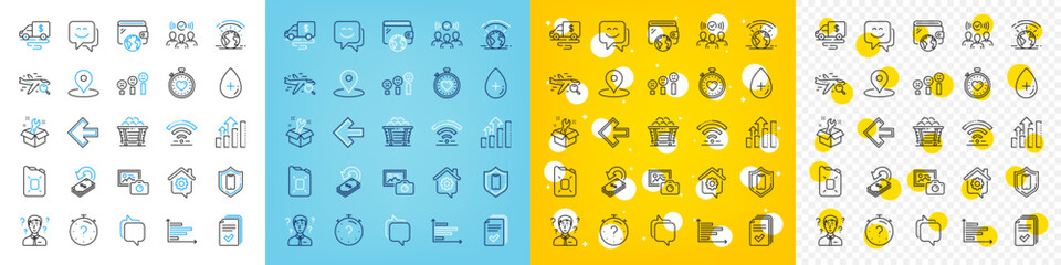 Vector icons set of Analysis graph, Smartphone protection and Greenhouse line icons pack for web with Smile face, Oil serum, Squad outline icon. Horizontal chart, Left arrow, Pin pictogram. Vector