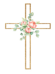 Watercolor hand painted pink florals Cross Clipart, Easter Religious flowers illustration, Baptism Cross clip art, Holy Spirit clipart, golden frame