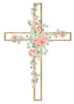 recommend clip art: Watercolor hand painted pink florals Cross Clipart, Easter Religious flowers illustration, Baptism Cross clip art, Holy Spirit clipart, golden frame