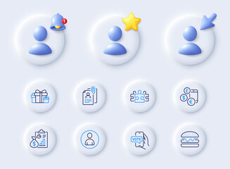 Naklejka premium Avatar, Puzzle and Report line icons. Placeholder with 3d cursor, bell, star. Pack of Interview documents, Burger, Currency rate icon. Online voting, Holiday presents pictogram. Vector