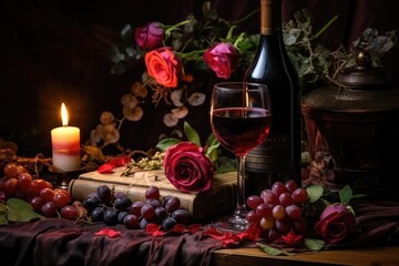 Obraz na płótnie Canvas Romantic valentine's day dinner. Wine, red roses and two glasses close-up on a wooden surface