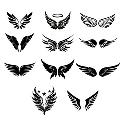 Wings with feathers. Angel or bird wing flat black icon set vector image - obrazy, fototapety, plakaty