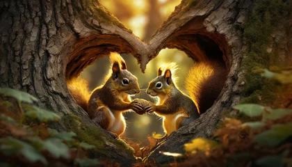Foto auf Glas Close-up of a couple of red squirrels in a heart-shaped hole of a tree trunk in the forest. Valentines Day, love, wedding celebration concept greeting card. Generative Ai. © Alberto Masnovo