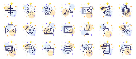 Fototapeta na wymiar Outline set of Targeting, Image album and Globe line icons for web app. Include Fingerprint, Video conference, Remove image pictogram icons. Phone password, Service, 24h service signs. Vector