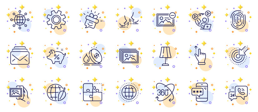 Outline set of Targeting, Image album and Globe line icons for web app. Include Fingerprint, Video conference, Remove image pictogram icons. Phone password, Service, 24h service signs. Vector