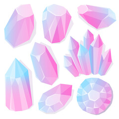 Set of beautiful mystical diamonds. Light blue and pink crystals. Gemstones on white background. Geometric shapes. Rhinestones. Magic and esoteric stones. Amethyst, precious stones, treasures.