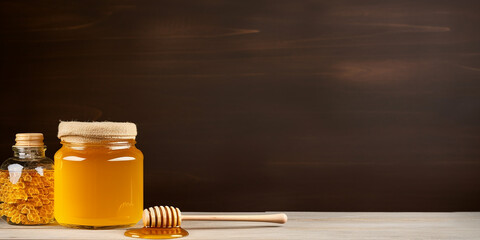  jar of honey and honeycomb with empty space for text. beekeeping theme, natural products - obrazy, fototapety, plakaty