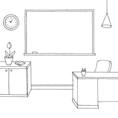 Classroom graphic black white interior sketch illustration vector  - obrazy, fototapety, plakaty