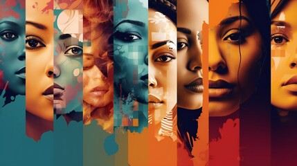 Collage woman art design. Diverse woman portraits separated by bold colors. - obrazy, fototapety, plakaty