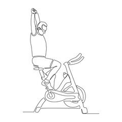 Continuous single line sketch drawing of athletic man riding static bicycle at gym for speed endurance training. One line art of fitness sport healthy activity vector illustration 