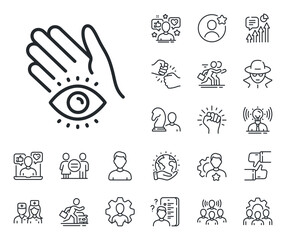 Yoga mind sign. Specialist, doctor and job competition outline icons. Meditation eye line icon. Spirit therapy symbol. Meditation eye line sign. Avatar placeholder, spy headshot icon. Vector