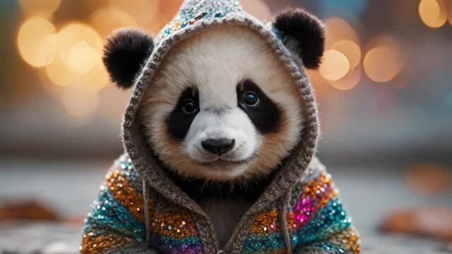 Portrait of a little panda on a shiny background. AI